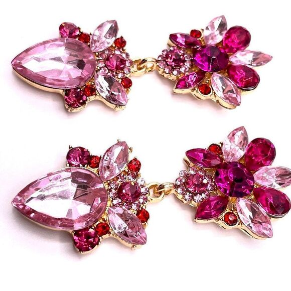 Yellow Gold and Light and Dark Pink Crystal Dangling Art Deco Post Back Earrings - Picture 3 of 6
